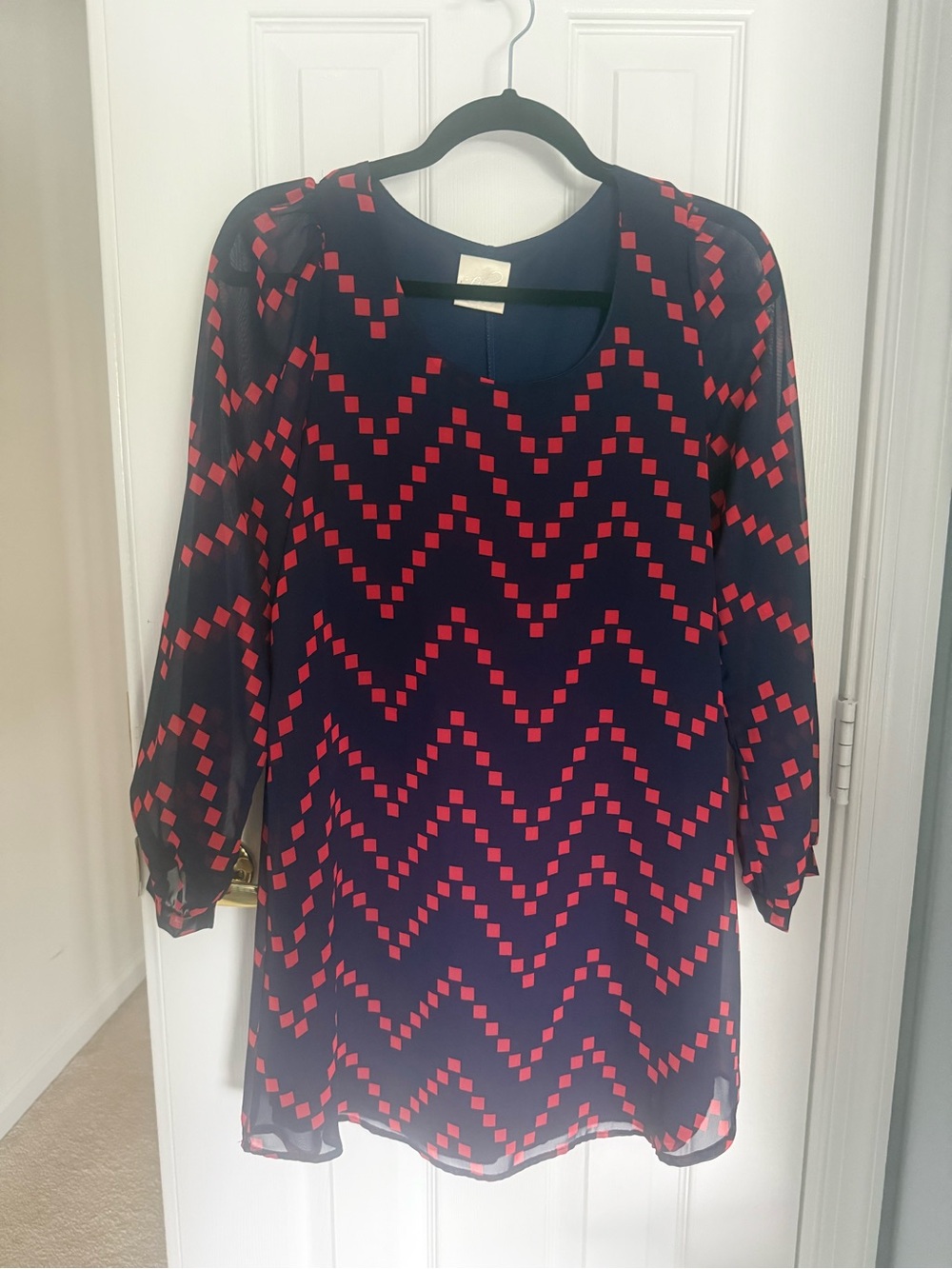 Women’s Navy and Red Chevron Blouse - Lightweight Long Sleeve Top